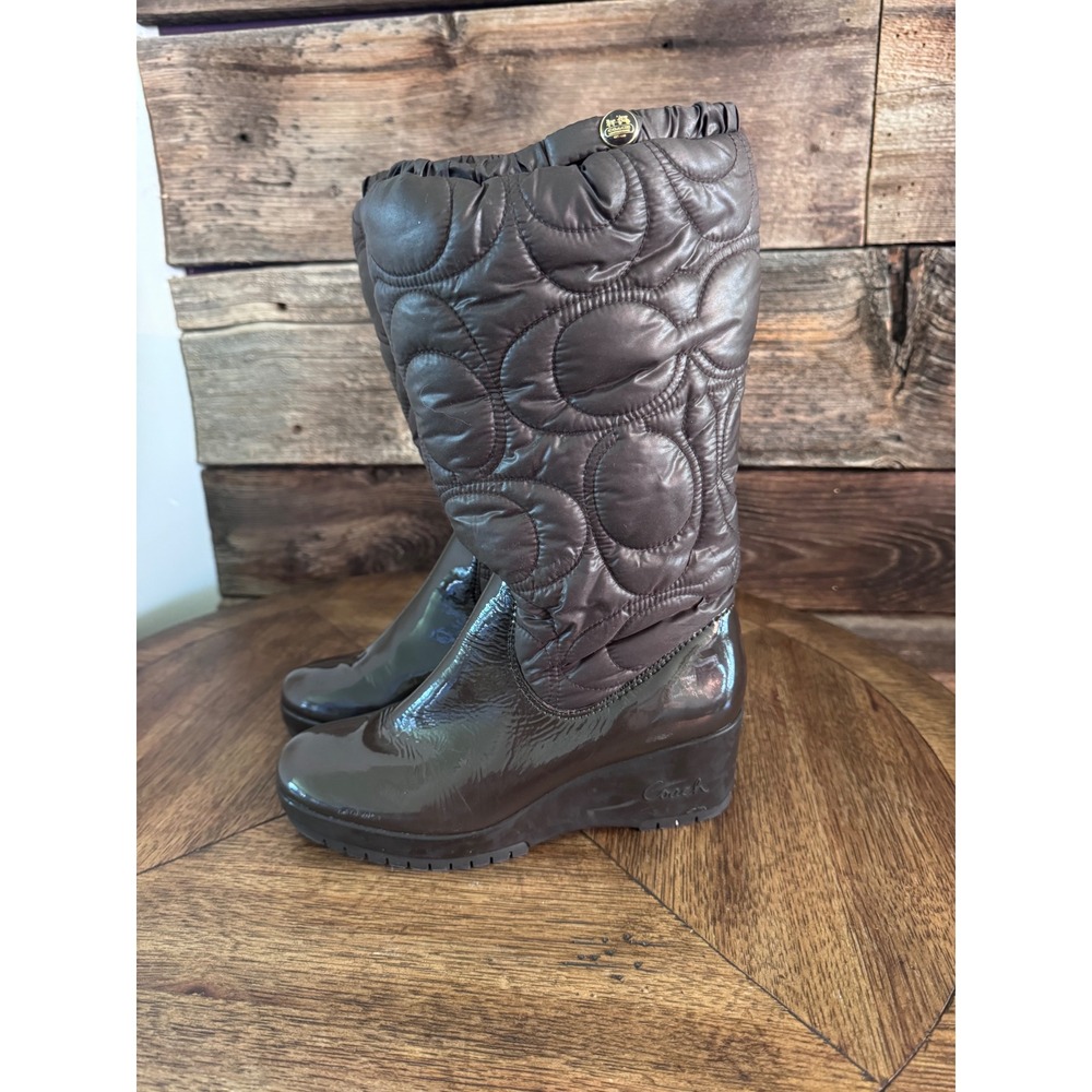 Coach Cantina Brown Quilted Patent Leather Puffer Wedge Winter Boots A7368 7.5B